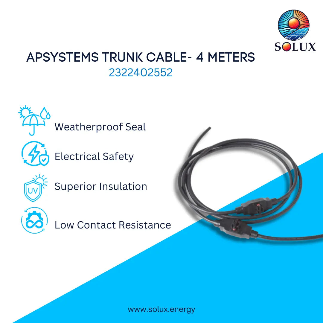 Apsystems trunk cable with features listed on a white and blue background, Solux brand visible.